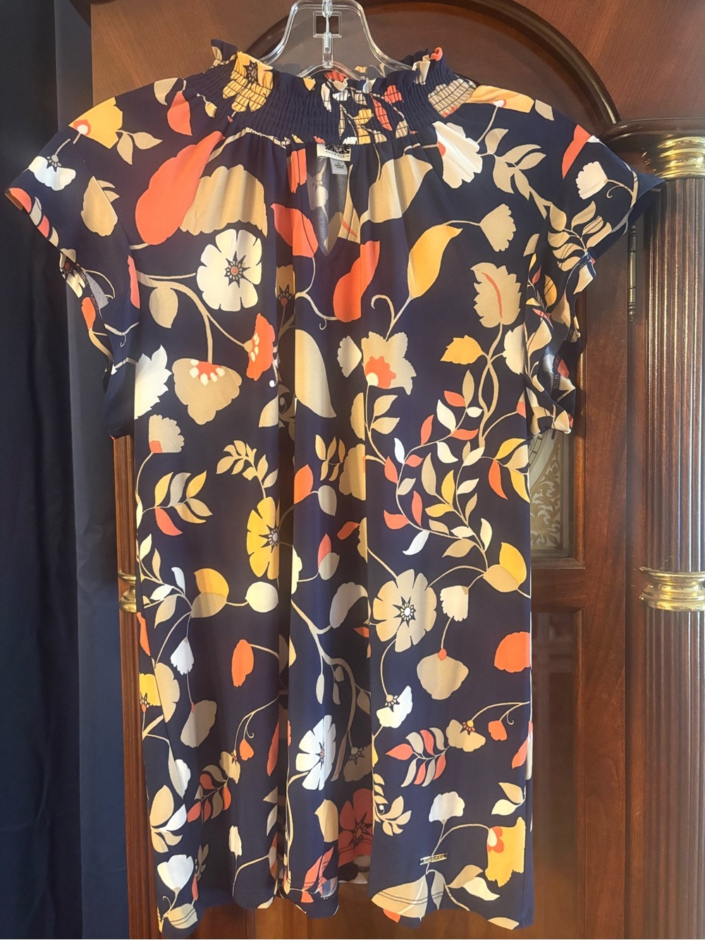 Anne Klein Navy Floral Smocked-Neck Blouse with Yellow & Orange Accents